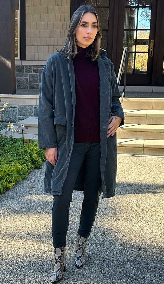 Morgan Coat in Medium Wale Corduroy in Iron Grey by CP Shades - Paula & Chlo paired with Candy Pants in Slate Grey and White + Warren Mockneck Cashmere Sweater.