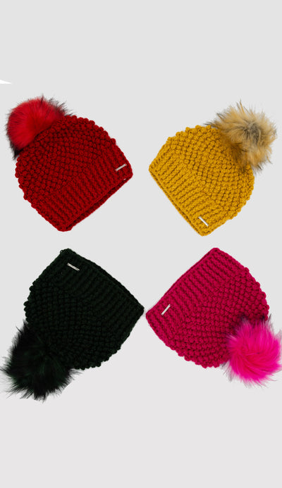 crochet hats with faux fur pom pom - paula and chlo