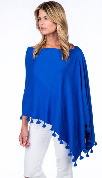 ALASHAN CASHMERE TOSSEL TOPPER IN cruise blue OVER BLUE JEANS