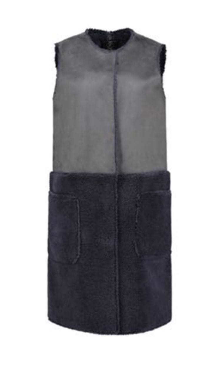 Shearling & Suede Long Sleeveless Vest Coat