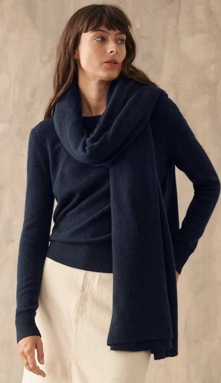 The must-have piece for fall and winter - the White + Warren Travel Wrap. We never leave home without it! This 100% cashmere piece can be tied 10 different ways - done in Deep Navy