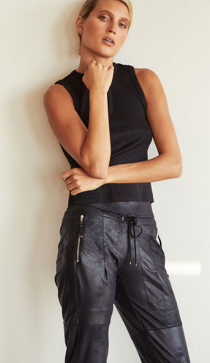 Raffaello Rossi Candy Pant  Faux Leather in black, women’s slim jogger pant with drawstring waist and zip pockets