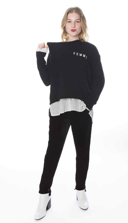 Velvet slim leg pant black gold hawk