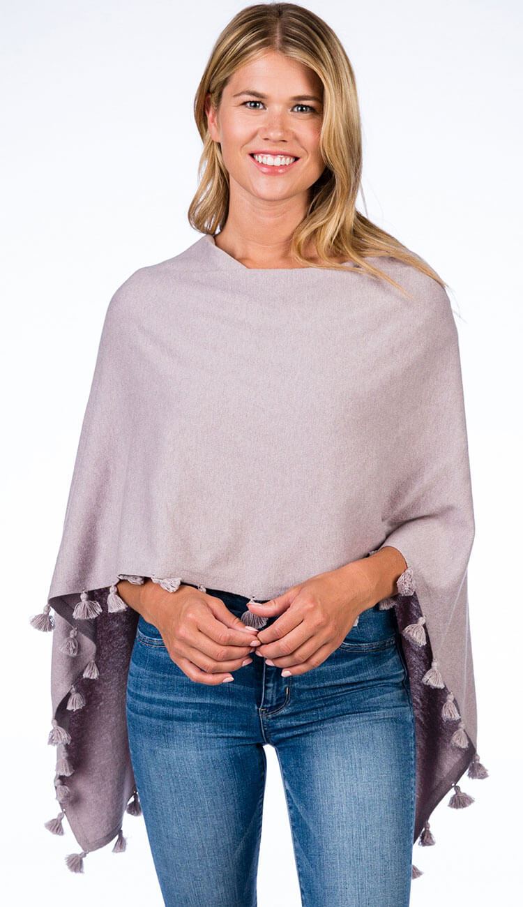 ALASHAN CASHMERE TOSSEL TOPPER IN FOSSIL OVER BLUE JEANS