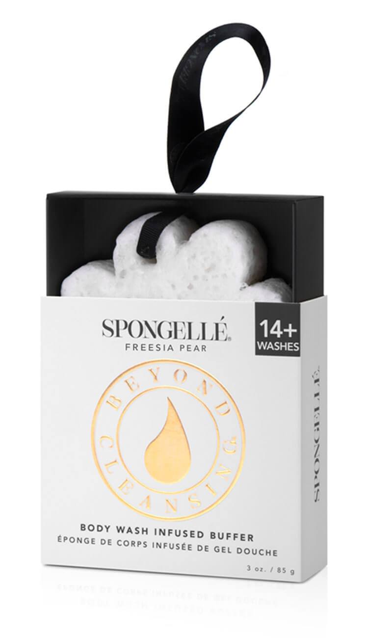 A packaged Spongellé body wash infused buffer with a freesia pear scent, showing the sponge and the product's box with branding and product information.