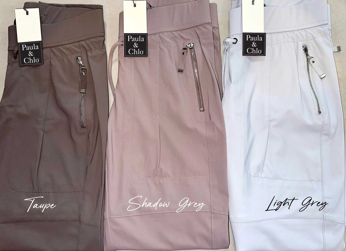 Candy Pant comparison Taupe, Shadow Grey and Light Grey - Raffaello Rossi available at Paulaandchlo.com