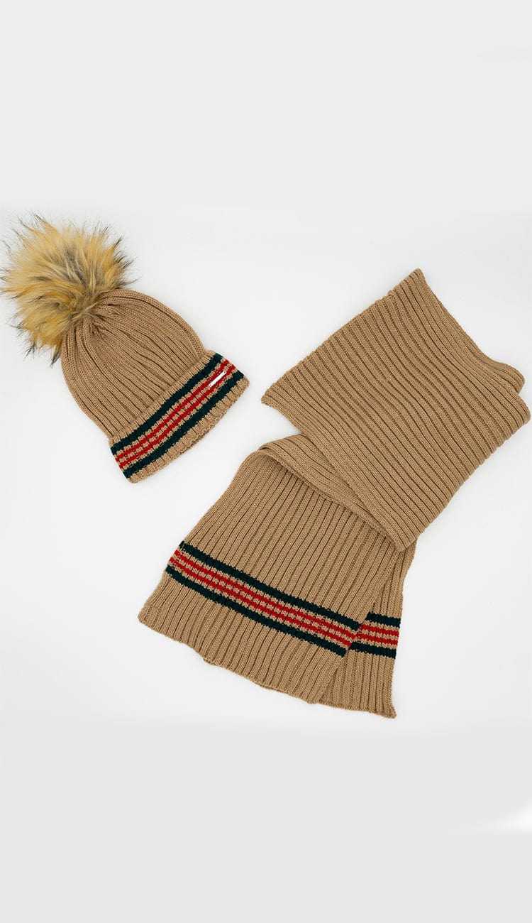 DARK BEIGE SCARF AND HAT WITH RED AND BLACK STRIPE 