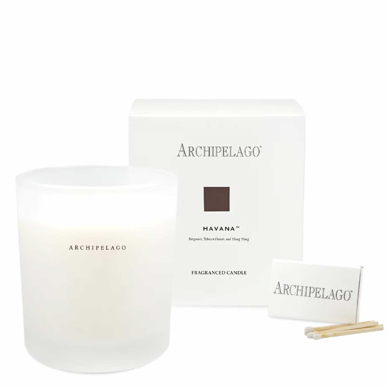 A clear frosted glass candle with a white wax lid, labeled 'ARCHIPELago HAVANA' w