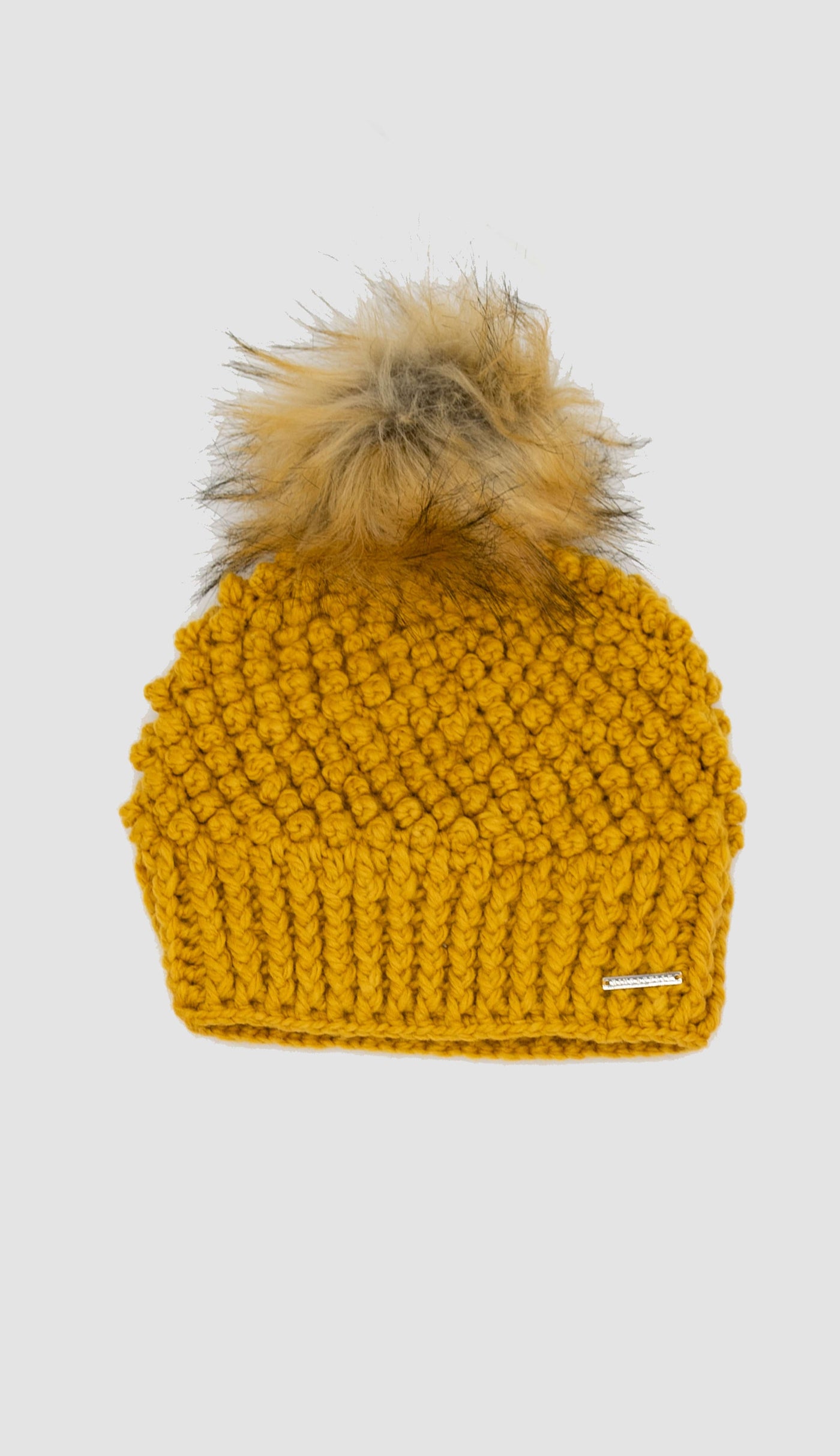 honey yellow crochet hat with detachable pom pom in faux fur