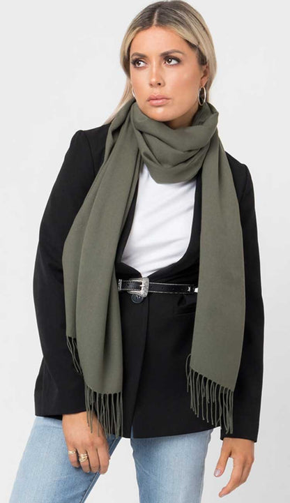 khaki pashmina over black jacket
