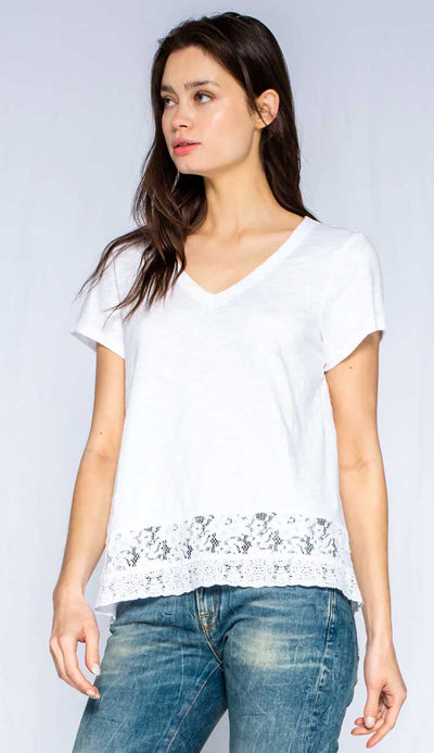 WILT - BABY BABY V-NECK S/S Tee Patch Lace Hem  side view- Paula & Chlo