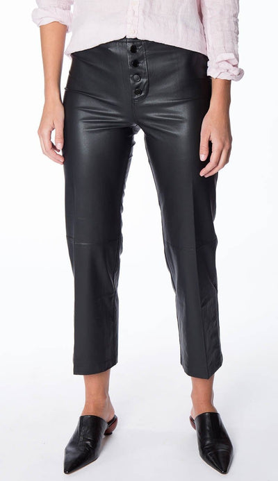 High Rise button fly crop flare black vegan leather pant by david lerner
