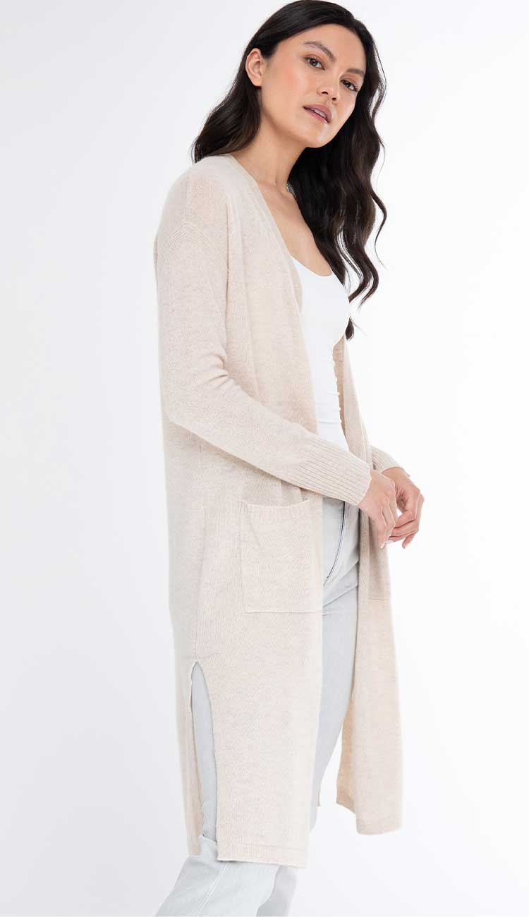 claudia nichole cashmere long duster in dune side view - paula and chlo