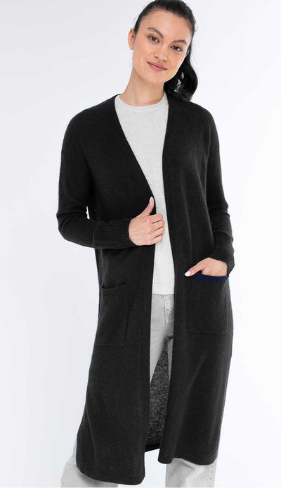 claudia nichole cashmere long duster in 100% cashmere in black - paula and chlo