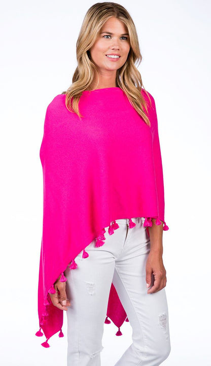 ALASHAN CASHMERE TOSSEL TOPPER IN malibu pink OVER BLUE JEANS