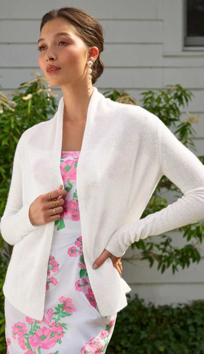 essential mini trapeze cardigan in soft white by White and Warren - The perfect take anywhere cardigan, Wear this 4 seasons, Shop Paula & Chlo front view 2