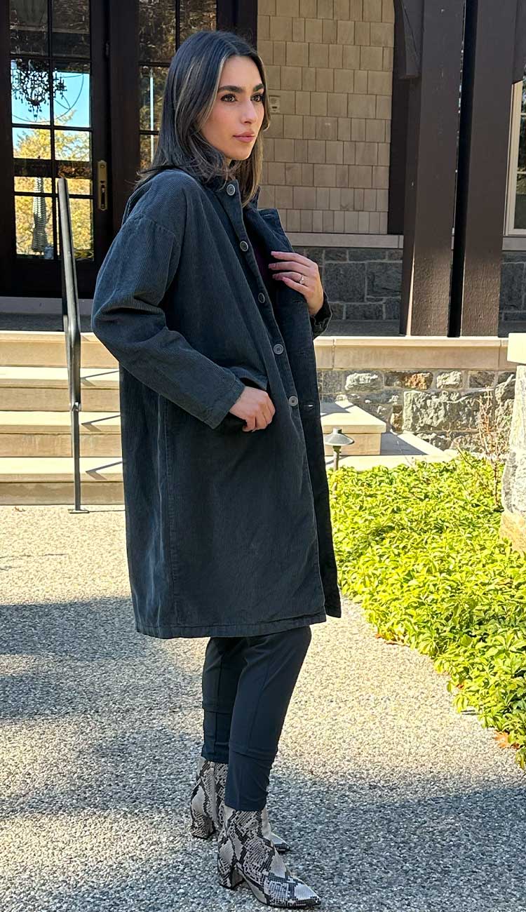 Morgan Coat in Medium Wale Corduroy in Iron Grey by CP Shades - Paula & Chlo paired with Candy Pants in Slate Grey and White + Warren Mockneck Cashmere Sweater. Side View