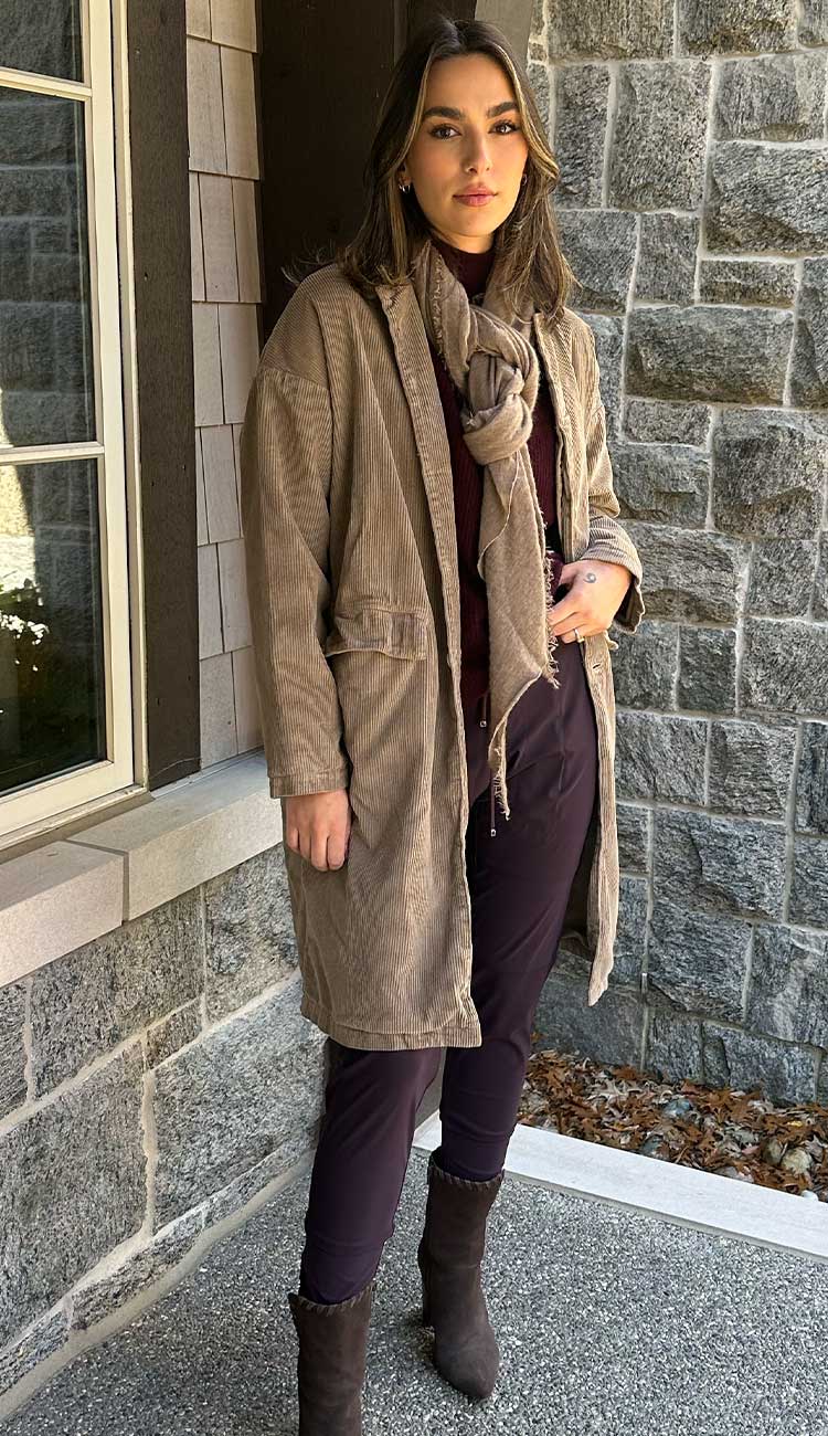 The Morgan Coast in Elephant by CP Shades - Paula & Chlo Paired with Candy Pants in Viola and White + Warren Mockneck sweater and our Grisal cashmere scarf.