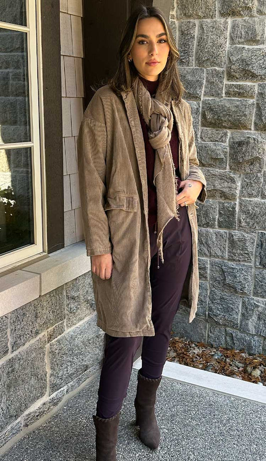 The Morgan Coast in Elephant by CP Shades - Paula & Chlo Paired with Candy Pants in Viola and White + Warren Mockneck sweater and our Grisal cashmere scarf.