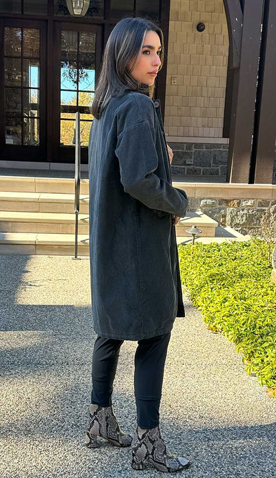 Morgan Coat in Medium Wale Corduroy in Iron Grey by CP Shades - Paula & Chlo paired with Candy Pants in Slate Grey and White + Warren Mockneck Cashmere Sweater. Back view.