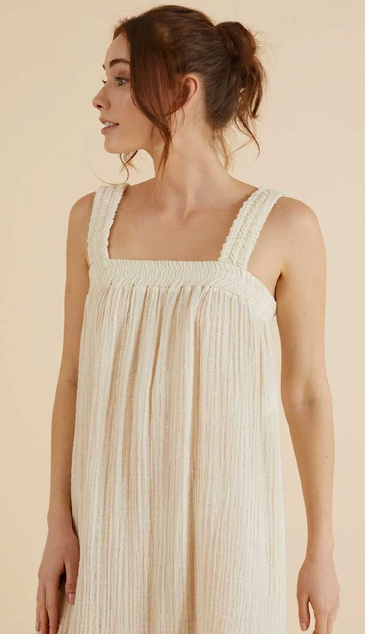 Noa Maxi Dress by the Handloom Los Angeles done in natural cotton with a touch of gold - Paula & Chlo Top view