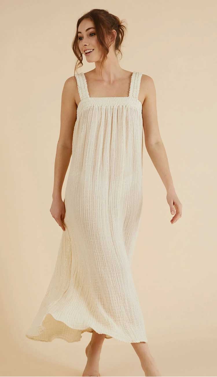 Noa Maxi Dress by the Handloom Los Angeles done in natural cotton with a touch of gold - Paula & Chlo