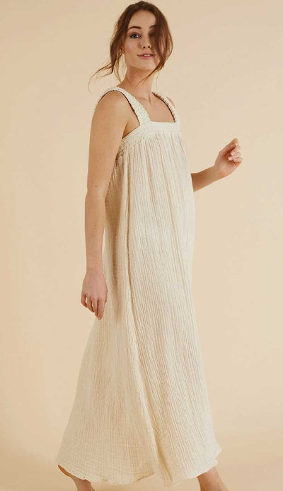 Noa Maxi Dress by the Handloom Los Angeles done in natural cotton with a touch of gold - Paula & Chlo - Side View