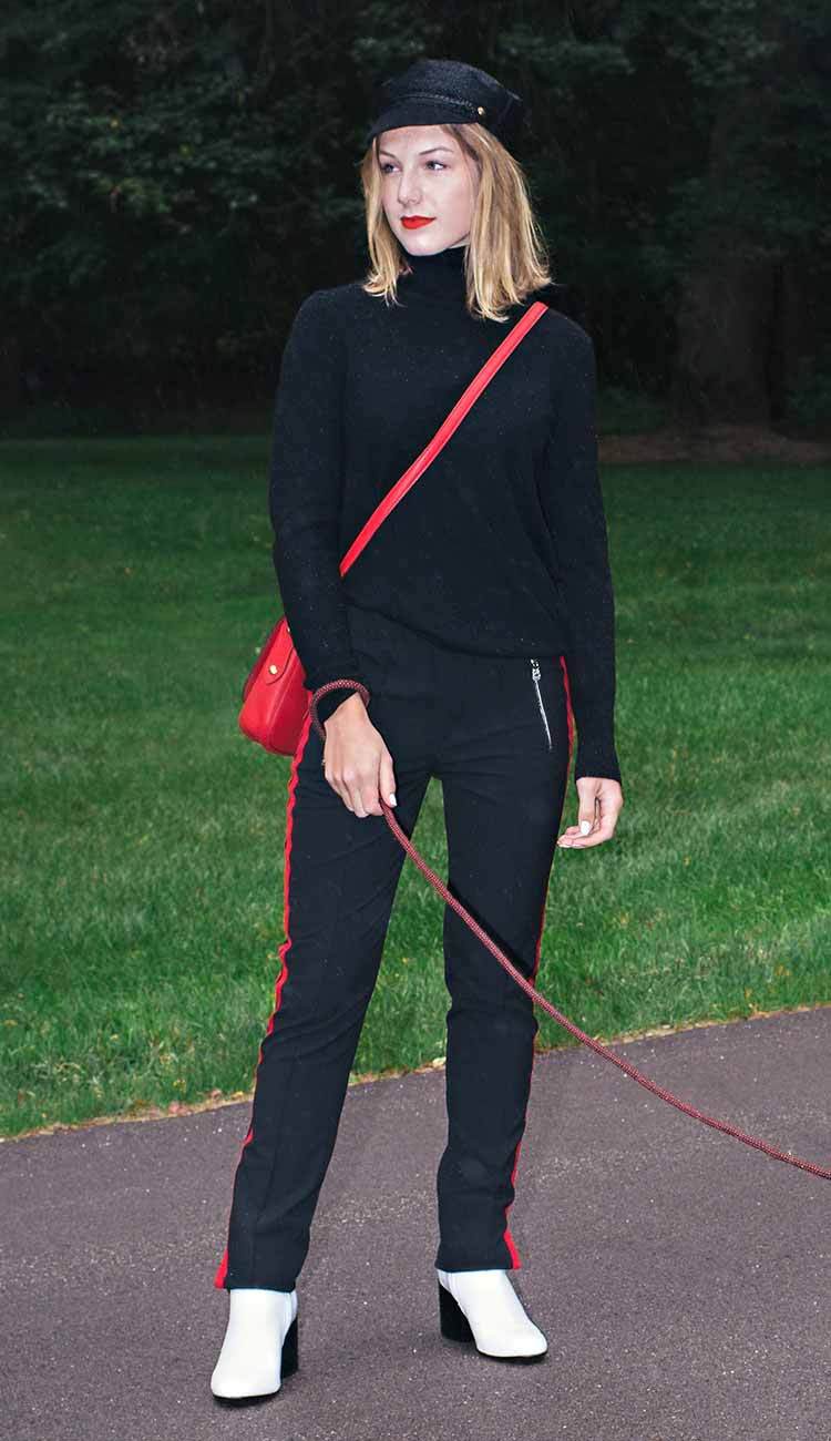 Oui athleisure pant with turtleneck and eugenia kim hat