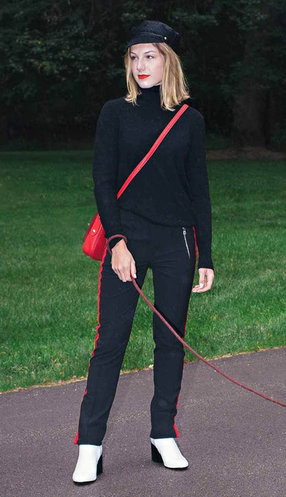 Oui athleisure pant with turtleneck and eugenia kim hat