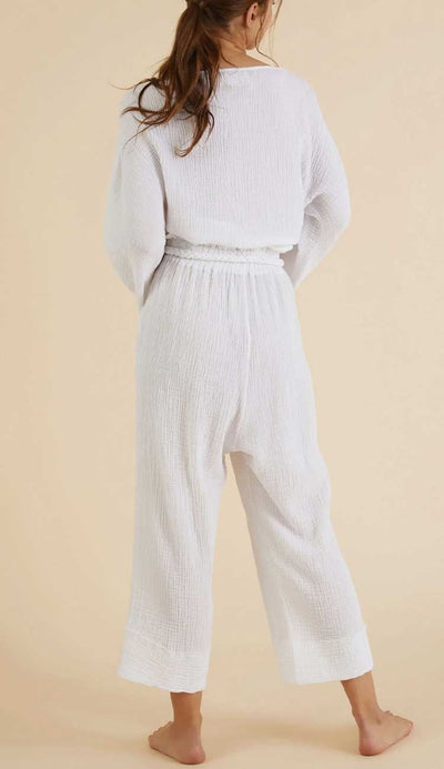 Paloma pants in white Turkish cotton shown with the echo crop top - Handloom at Paula & Chlo - Back view