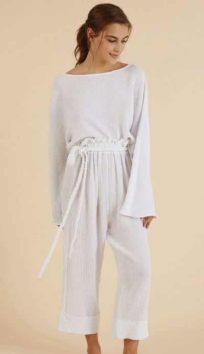 Paloma pants in white Turkish cotton shown with the echo crop top - Handloom at Paula & Chlo