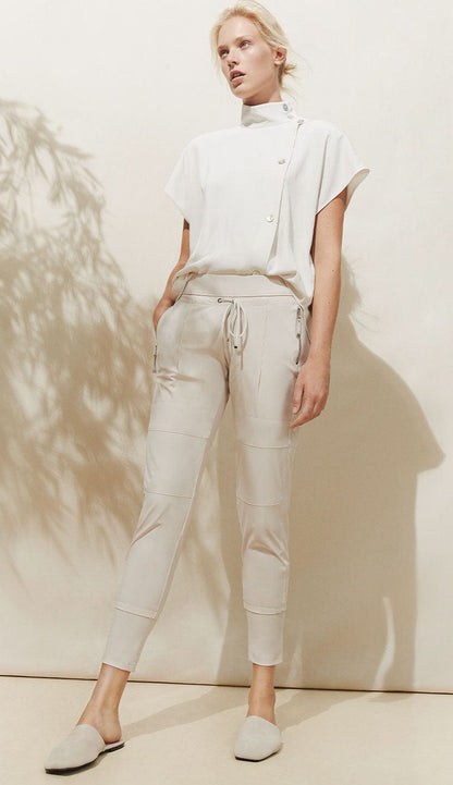 Raffaello Rossi Candy Pant in dusty peach, women’s slim jogger pant with drawstring waist and zip pockets