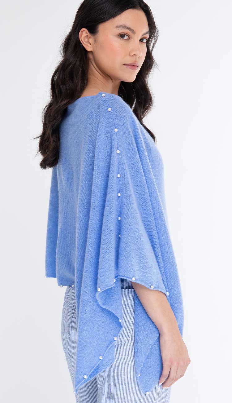 alashan cashmere topper with pearls in horizon blue