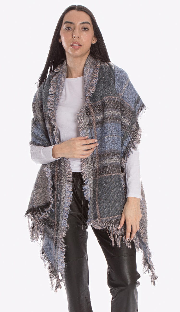 pia rossini jax blanket scarf in blue view paired with our faux leather joggers and white long sleeve tee