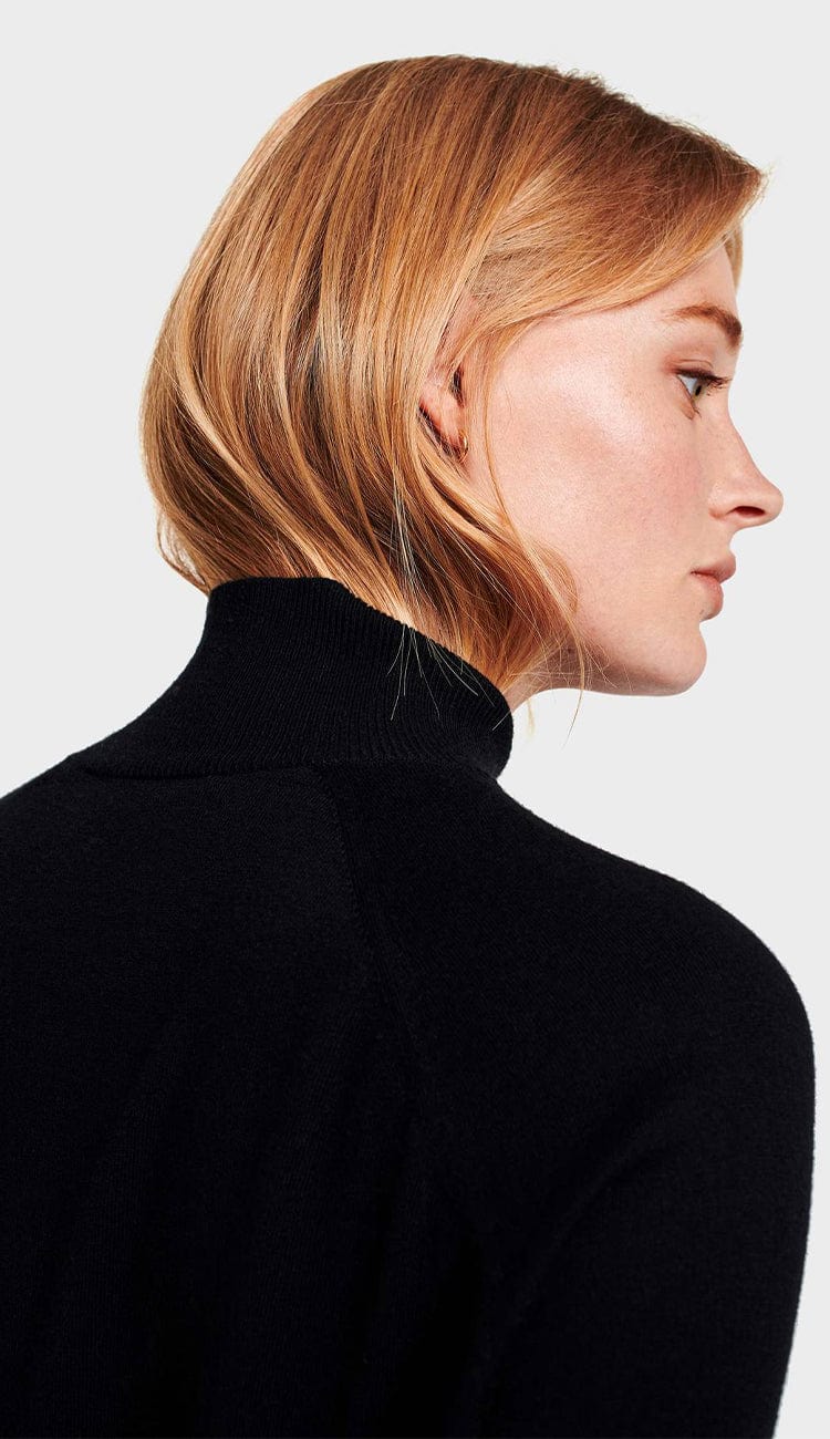 raglan turtleneck black silk detail view white and warren