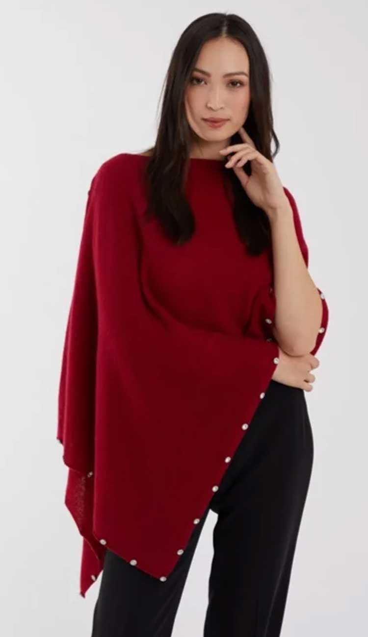 Beaded crystal trimmed topper in red velvet -add a little sparkle to your wardrobe with this cashmere topper. Shop our cashmere collection at Paula & Chlo 