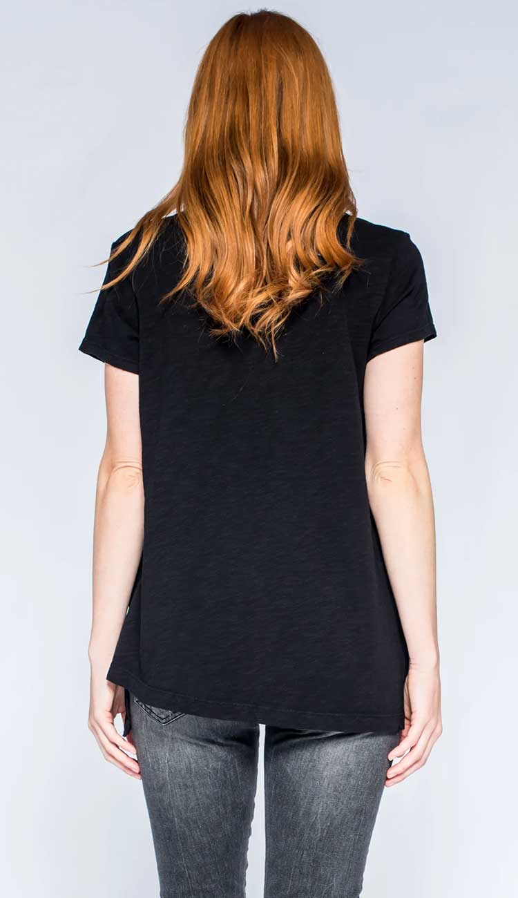 The Shrunken Scoopy Neck Tee has a Double Slit Hem with an asymmetrical front, done in black- back view. Paula & Chlo - shop the WILT collection.