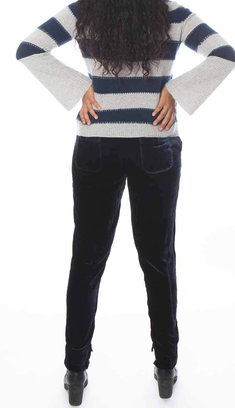 velvet slim leg pant in navy by gold hawk back view