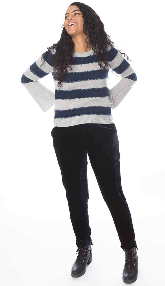 velvet slim leg pant in navy by gold hawk front view