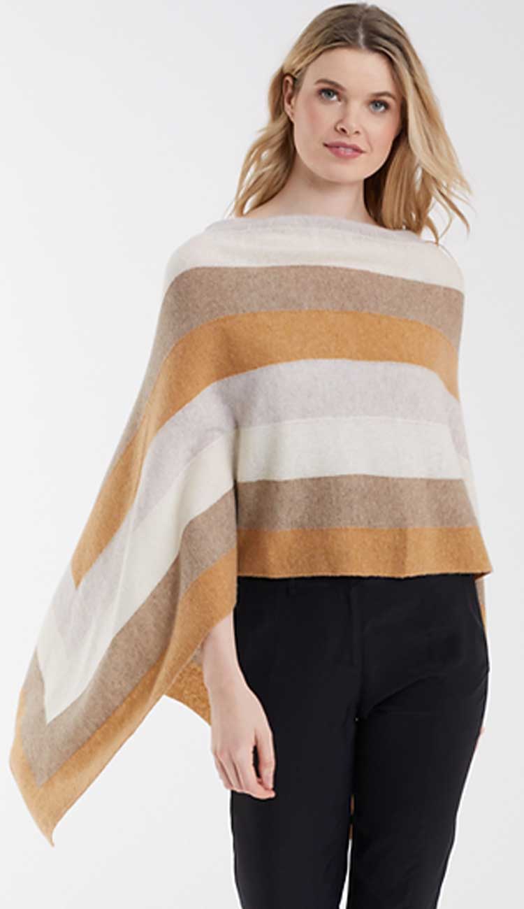 Winter stripe topper in Blonde Camel Combo by Claudia Nichole an Alashan Cashmere Company. Wear it 4 different ways. Makes the perfect gift.