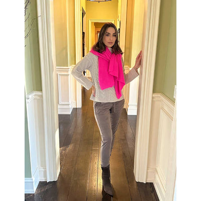 The Nell Cashmere Sweater by Alashan is worn with White + Warren Travel Wrap and Candice Suede pants in Taupe. Paula & Chlo