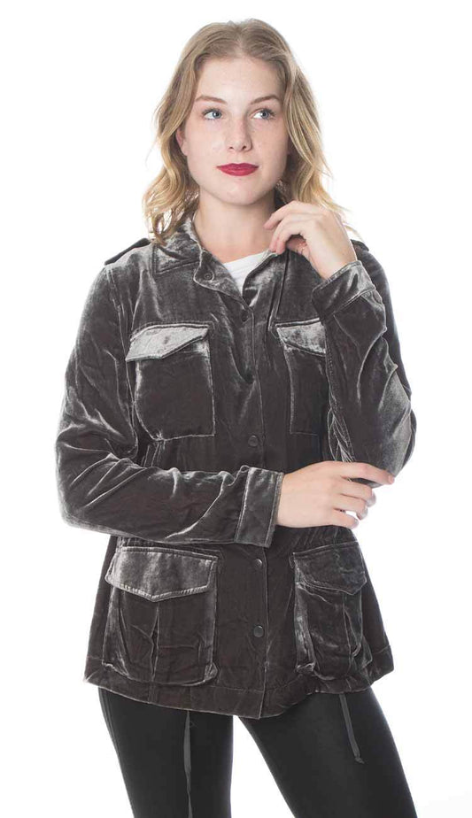 Velvet Army Jacket Pewter Grey Gold Hawk