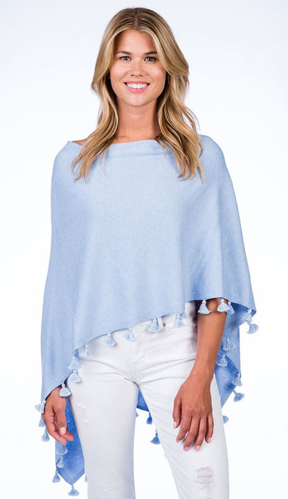 ALASHAN CASHMERE TOSSEL TOPPER IN weekend blue OVER BLUE JEANS