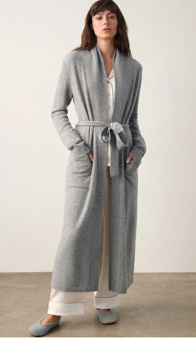 White + Warren cashmere long robe in Grey Heather, a long-sleeve 100% cashmere robe with shawl collar, patch pockets, and tie belt.