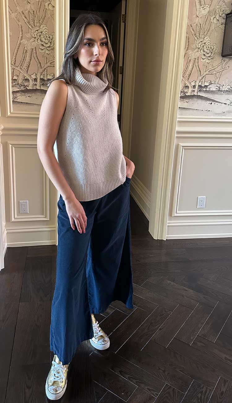 CP Shades Wendy wide leg pant in riverrock shown with White + Warren sleeveless turtleneck sweater.