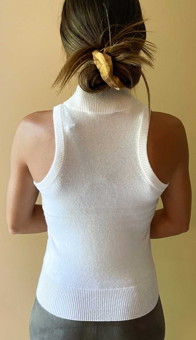 White + Warren Midi Cashmere Skirt in black cashmere with an a-line cut. Back view. shown with the sleeveless mockneck cashmere top back view 