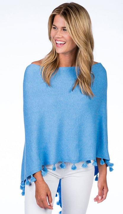 ALASHAN CASHMERE TOSSEL TOPPER IN windswept blue OVER BLUE JEANS
